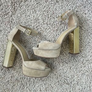 Michael Kora suede platforms with 4 in gold heel